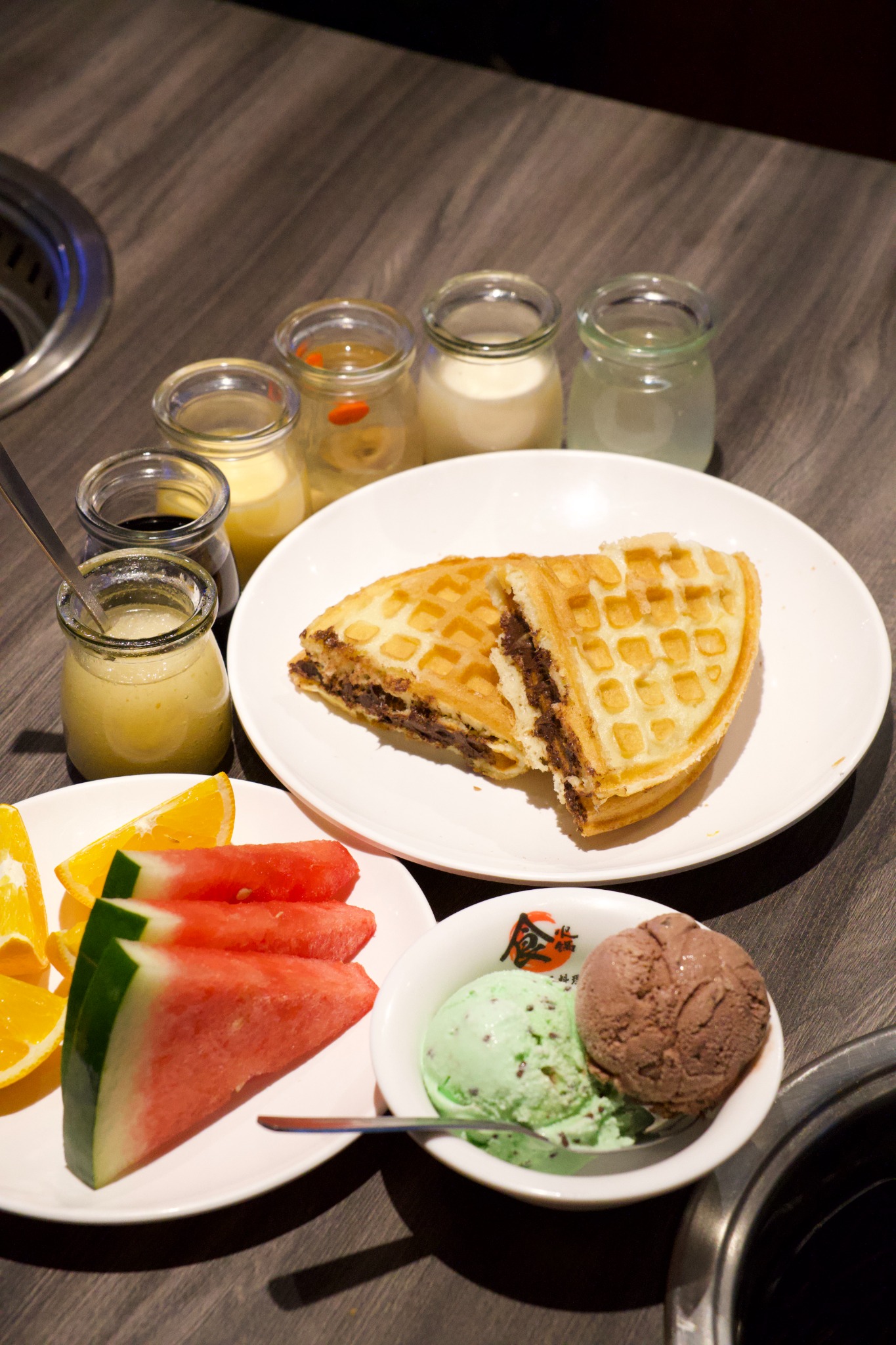 Dessert and drinks selection with branded bowl