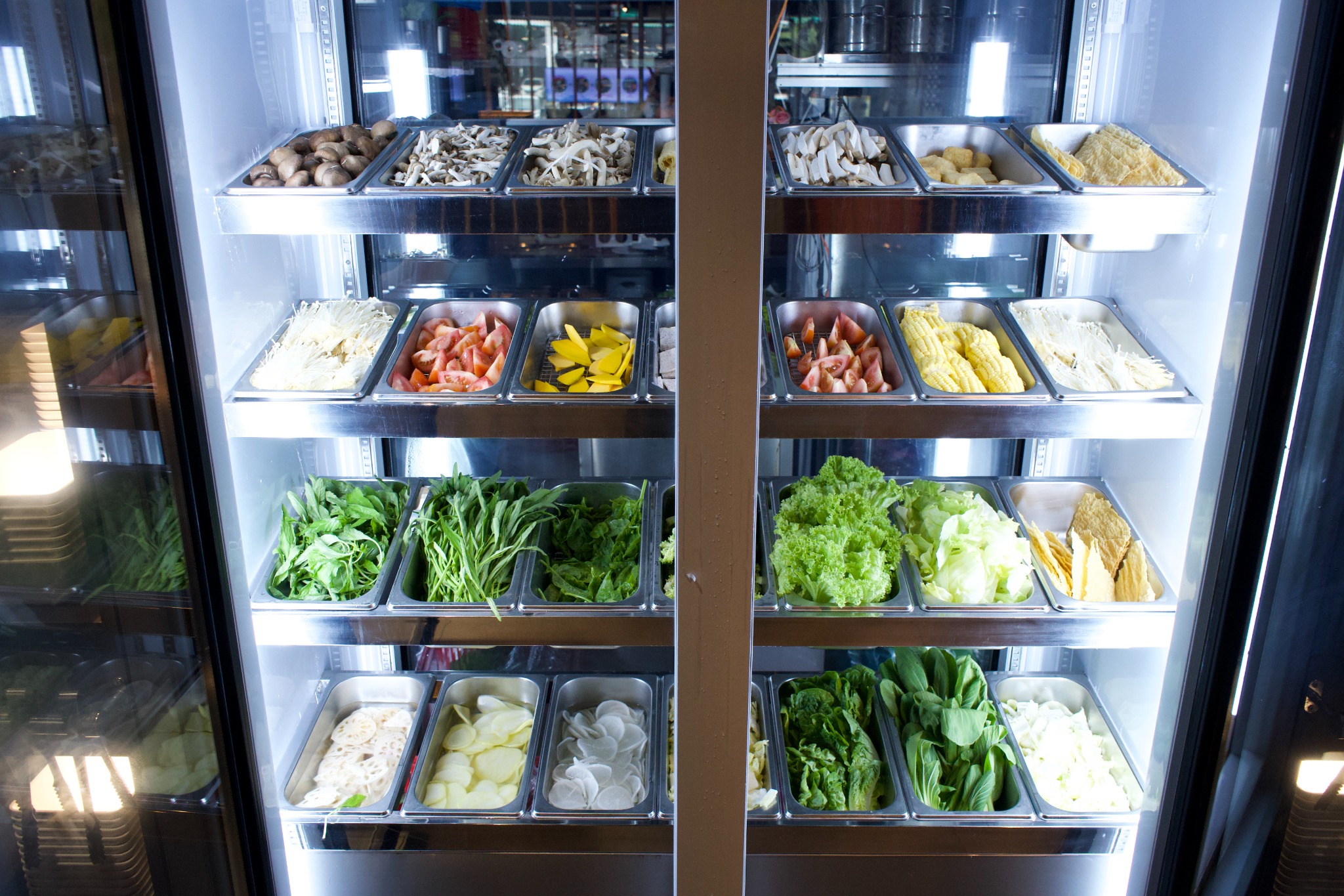 Fresh vegetable selection in Hot Pot Shabu Shabu self-service fridge